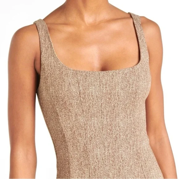 🌺🎉HP🎉🌺 NWT Staud Wells Midi Dress Mocha Herringbone - Picture 2 of 16
